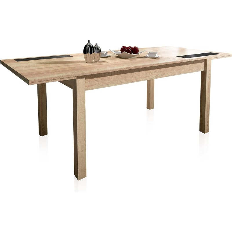 Mesa Comedor, Mesa de salón Extensible, Acabado en Color Cambria y Cristal, Medidas: 140-180 cm (Lar) x 90 cm (Anc) x 75 cm (Al)