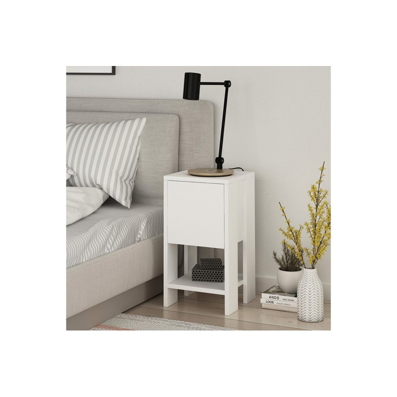 Mesilla de Noche Color Blanco 1 Cajón, Puerta Abatible 30x30x55cm - Estilo Moderno