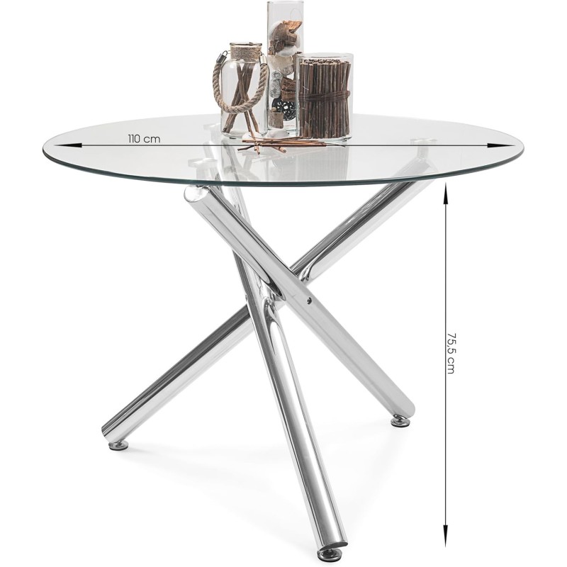 Mesa de Comedor Redonda | Tapa de Cristal y Pata Cromada | Diámetro 110 cm.