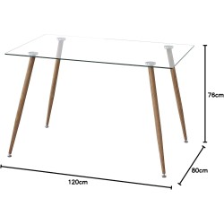 Mesa de Comedor Fija - Cristal Templado y Patas Metálicas con Acabado Madera | 120x80X76 cm