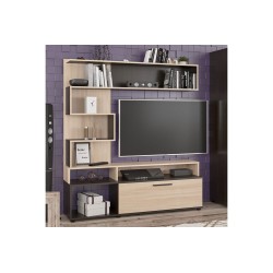 Mueble TV de Madera Color Wengué y Natural con Estantes y Puertas, 151.5x37.5x169.5 cm – Mueble salón moderno.