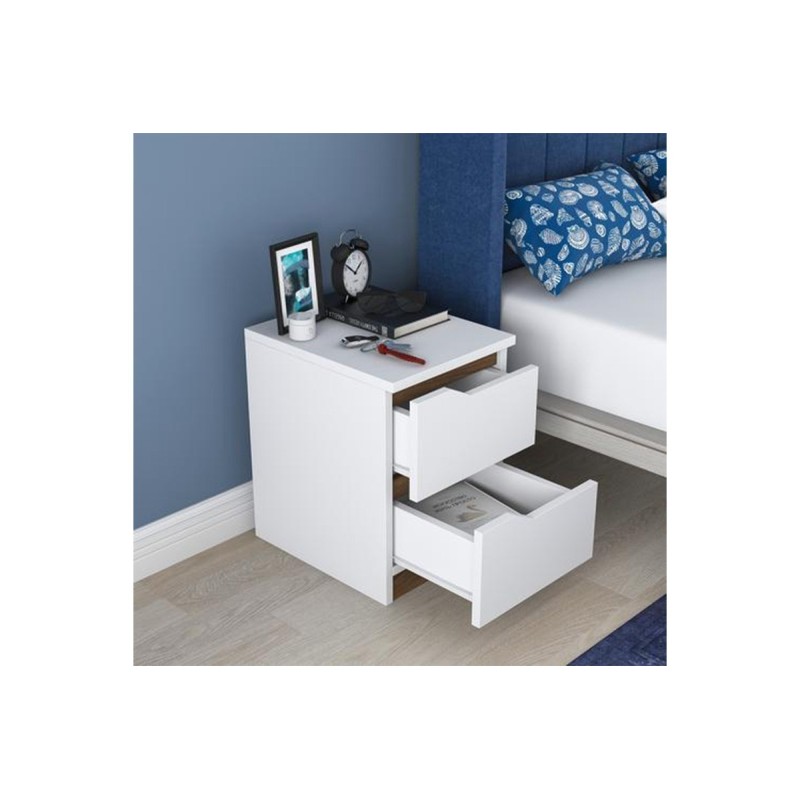 Mesilla de Noche en Blanco y Nogal, 35x40x47 cm, con 2 Cajones