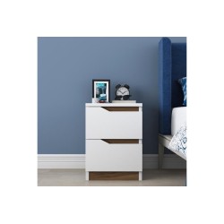 Mesilla de Noche en Blanco y Nogal, 35x40x47 cm, con 2 Cajones