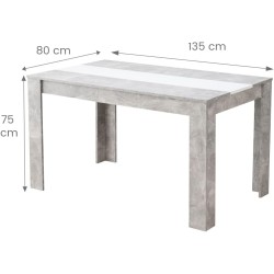 Mesa de Comedor Moderna 135x80x75 cm, Tapa MDF Gris Cemento y Blanco con Patas Resistentes - Estilo Moderno