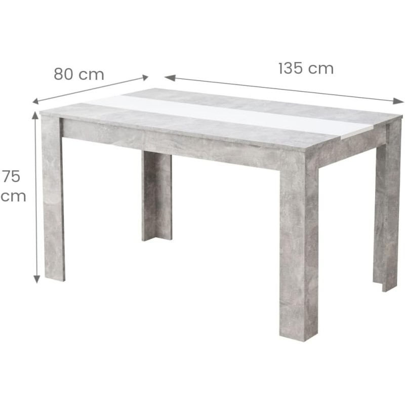 Mesa de Comedor Moderna 135x80x75 cm, Tapa MDF Gris Cemento y Blanco con Patas Resistentes - Estilo Moderno