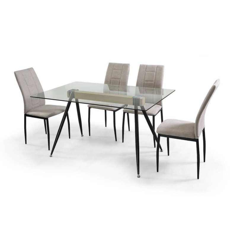 Mesa de Comedor de Cristal Templado - Patas Metálicas Negras y Travesaño de Madera | Diseño Moderno | 140x90 x 75 cm