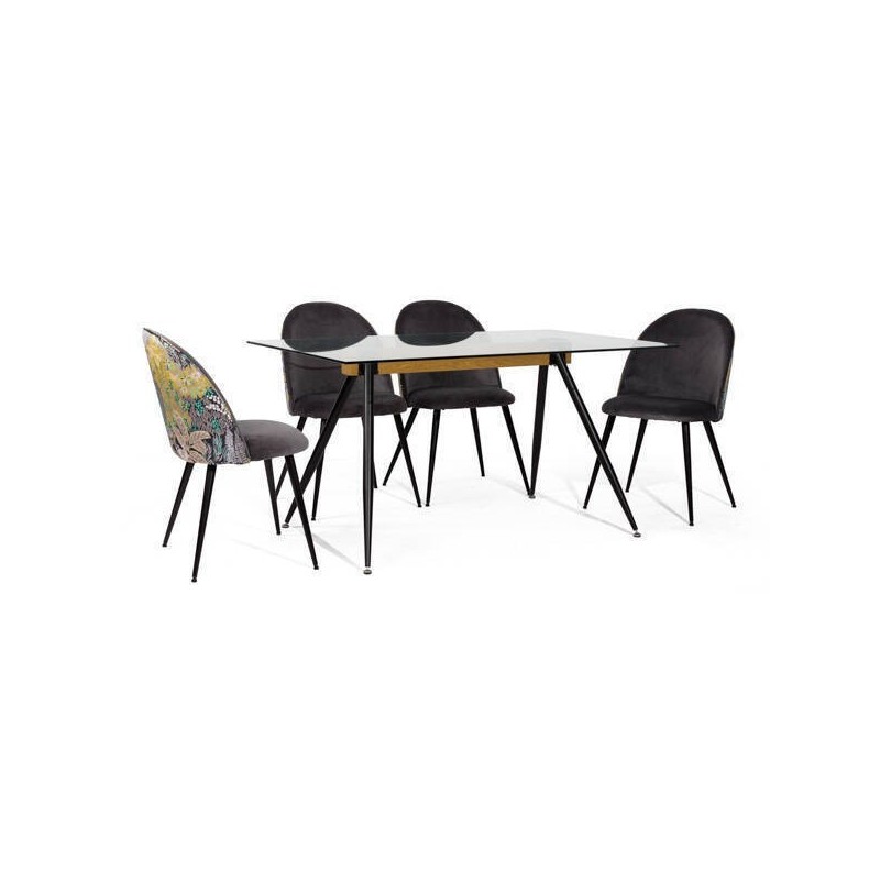 Mesa de Comedor de Cristal Templado - Patas Metálicas Negras y Travesaño de Madera | Diseño Moderno | 140x90 x 75 cm