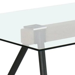 Mesa de Comedor de Cristal Templado - Patas Metálicas Negras y Travesaño de Madera | Diseño Moderno | 140x90 x 75 cm