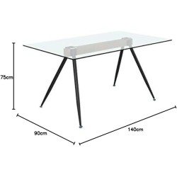 Mesa de Comedor de Cristal Templado - Patas Metálicas Negras y Travesaño de Madera | Diseño Moderno | 140x90 x 75 cm