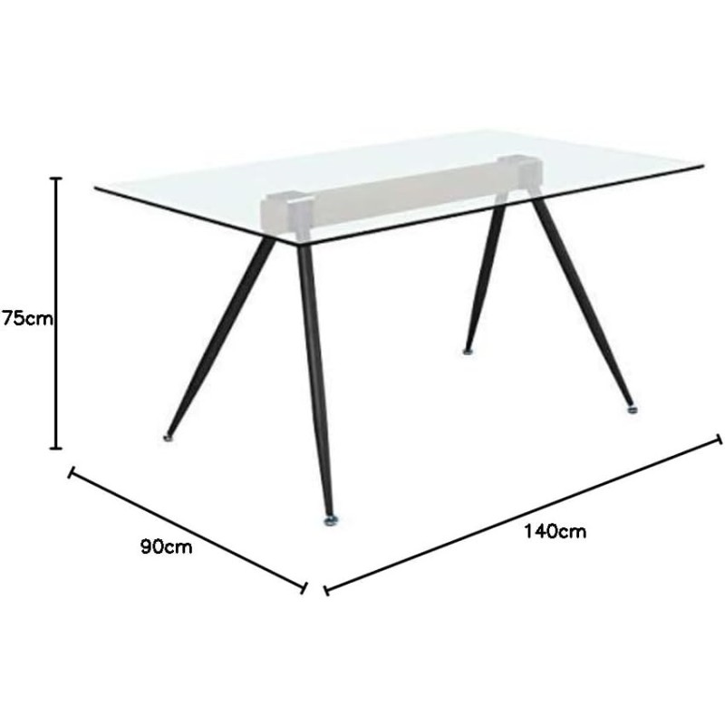 Mesa de Comedor de Cristal Templado - Patas Metálicas Negras y Travesaño de Madera | Diseño Moderno | 140x90 x 75 cm