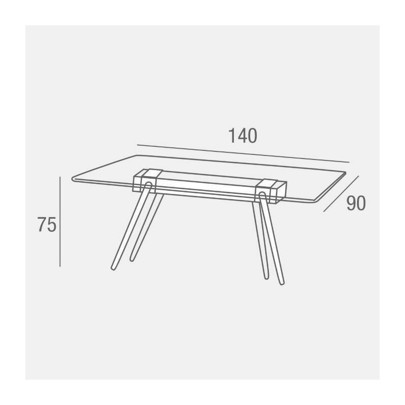Mesa de Comedor de Cristal Templado - Patas Metálicas Negras y Travesaño de Madera | Diseño Moderno | 140x90 x 75 cm