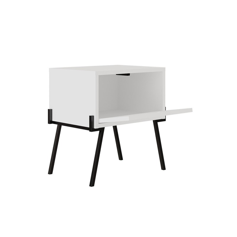 Mesita de noche con 1 cajón Color Blanco y Negro Abatible-48x34x51cm - Diseño moderno