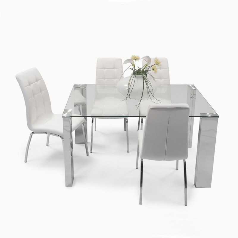 Mesa de Comedor con Tapa de Cristal Templado | Patas Metálicas | Dimensiones: 140 x 90 x 76 cm (Largo x Ancho x Alto)