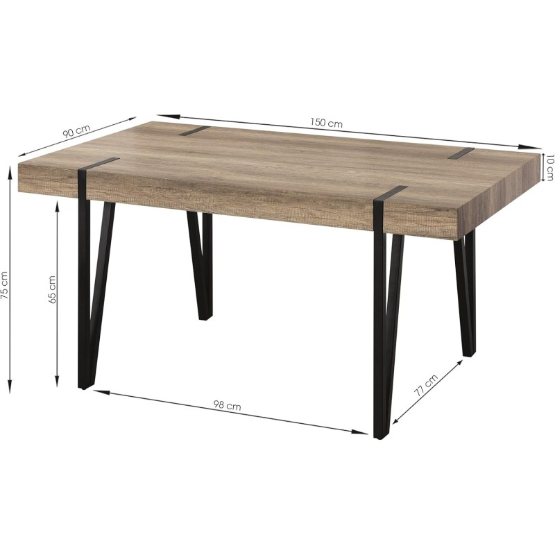 Mesa de Comedor o Cocina, MDF con Acabado Laminado Color Canyon | Patas Metálicas Negras | Medidas: 150 x 90 x 75 cm