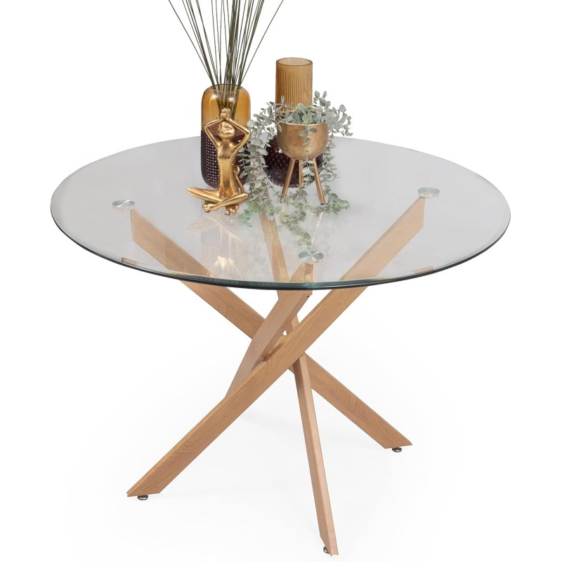 Mesa Redonda con Tapa de Cristal y Estructura Metálica Acabado Madera | Medidas: 110 x 73 cm