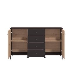 Aparador de Estilo Artisan Negro con 2 Puertas y 4 Cajones - Medidas 157x40x92,5 cm