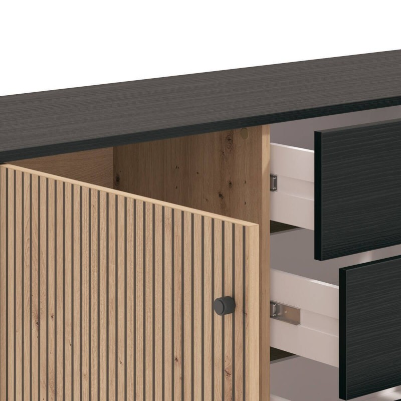 Aparador de Estilo Artisan Negro con 2 Puertas y 4 Cajones - Medidas 157x40x92,5 cm