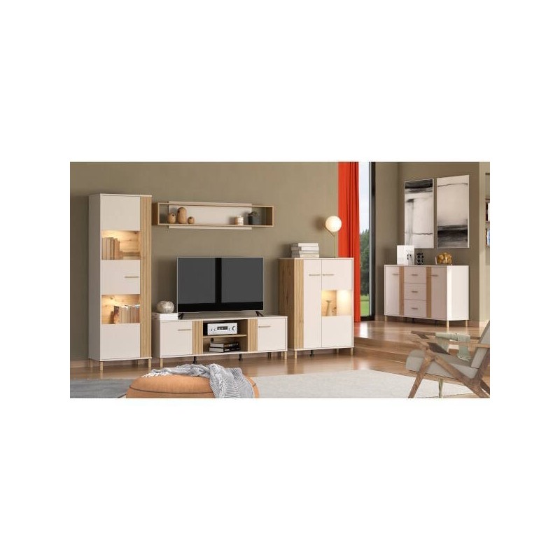 Aparador en Melamina Cashmere y Roble Artisan con Puertas, Mueble de Almacenaje - Medidas 163,5x40x90,5 cm