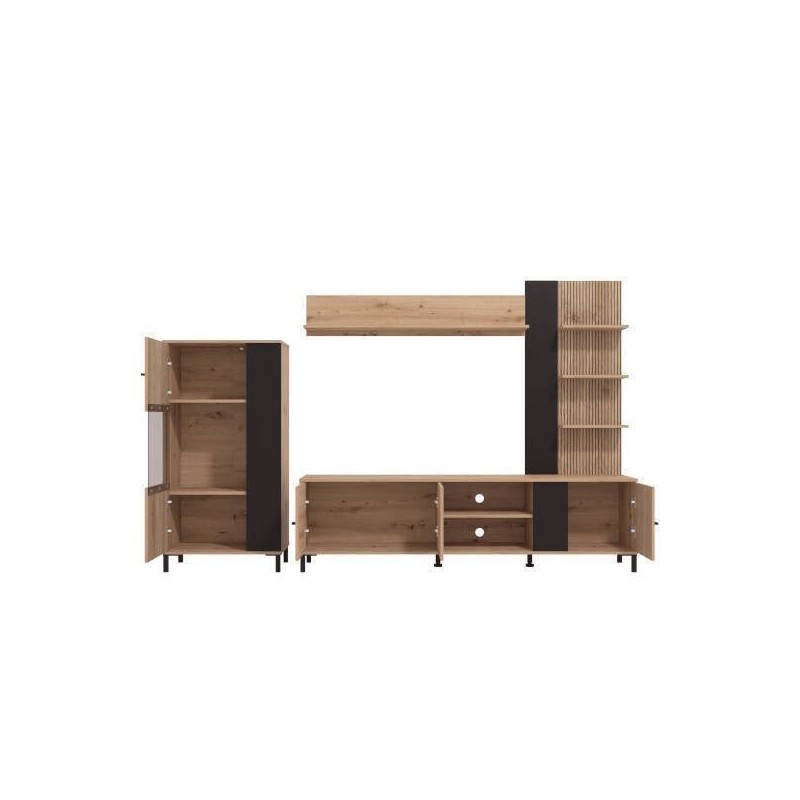 Composición de Salón en Roble Artisan y Negro con Efecto Alistonado- Medidas 263x40x167 cm