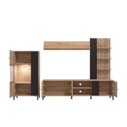 Composición de Salón en Roble Artisan y Negro con Efecto Alistonado- Medidas 263x40x167 cm