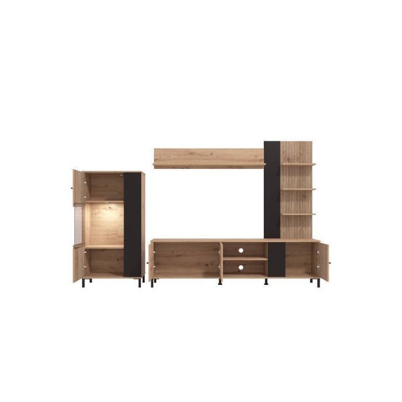 Composición de Salón en Roble Artisan y Negro con Efecto Alistonado- Medidas 263x40x167 cm