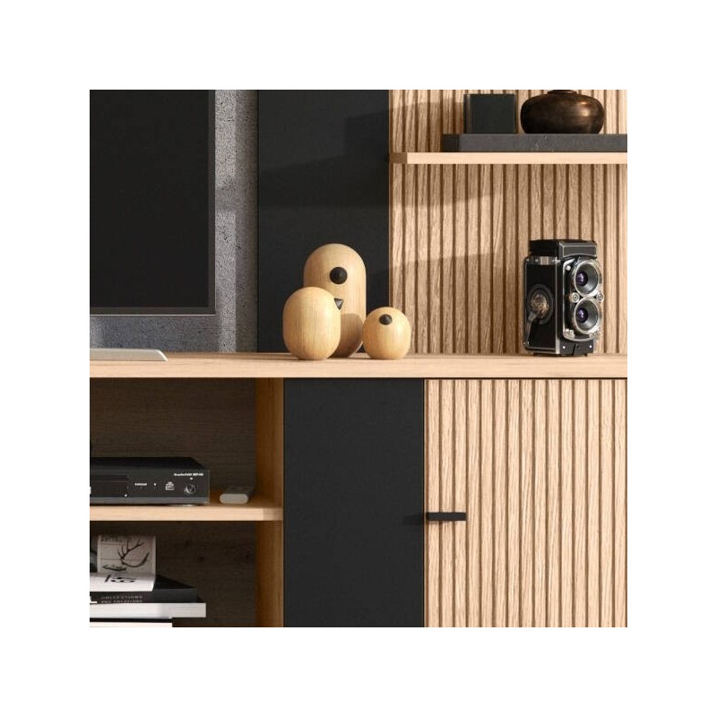 Composición de Salón en Roble Artisan y Negro con Efecto Alistonado- Medidas 263x40x167 cm