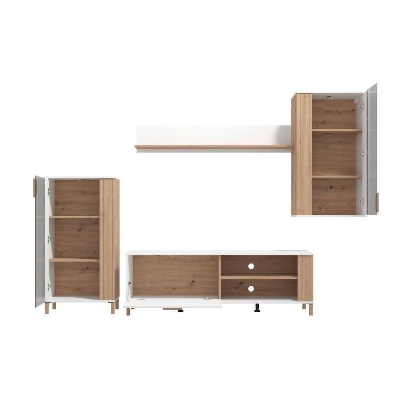 Composición de Salón en Roble Artisan y Blanco con Tiradores y Patas en Color Roble- Medidas 263x40x170 cm