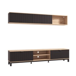 Composición de Salón en Melamina Aglomerada con Acabado Roble Artisan y Estructura Negra- Medidas 218x40x200 cm