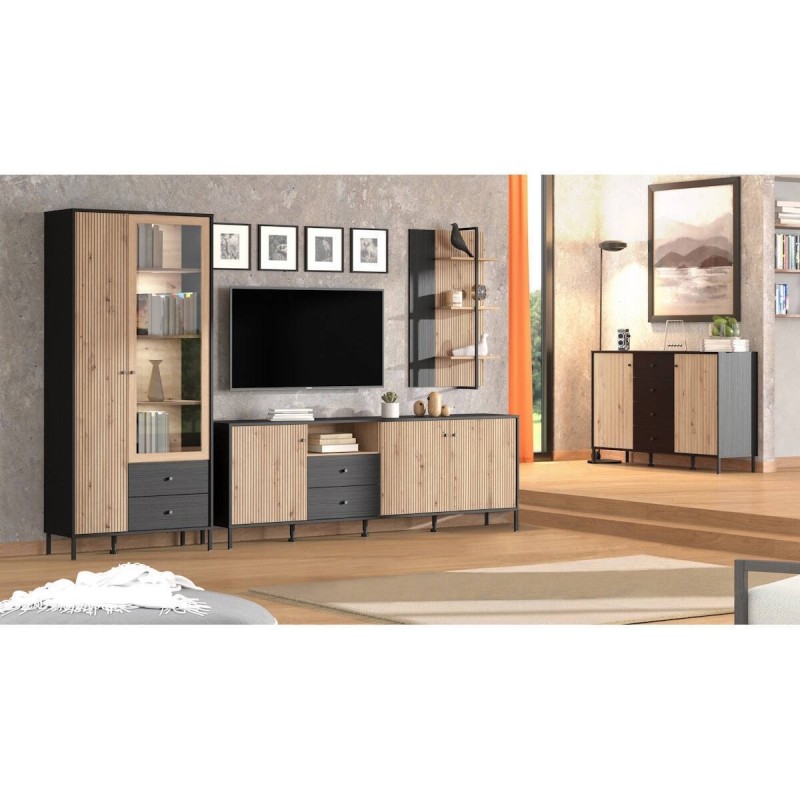 Mueble TV en Roble Artisan y Negro con 3 Puertas, 1 Hueco y 2 Cajones - Medidas 208x40x73,5 cm