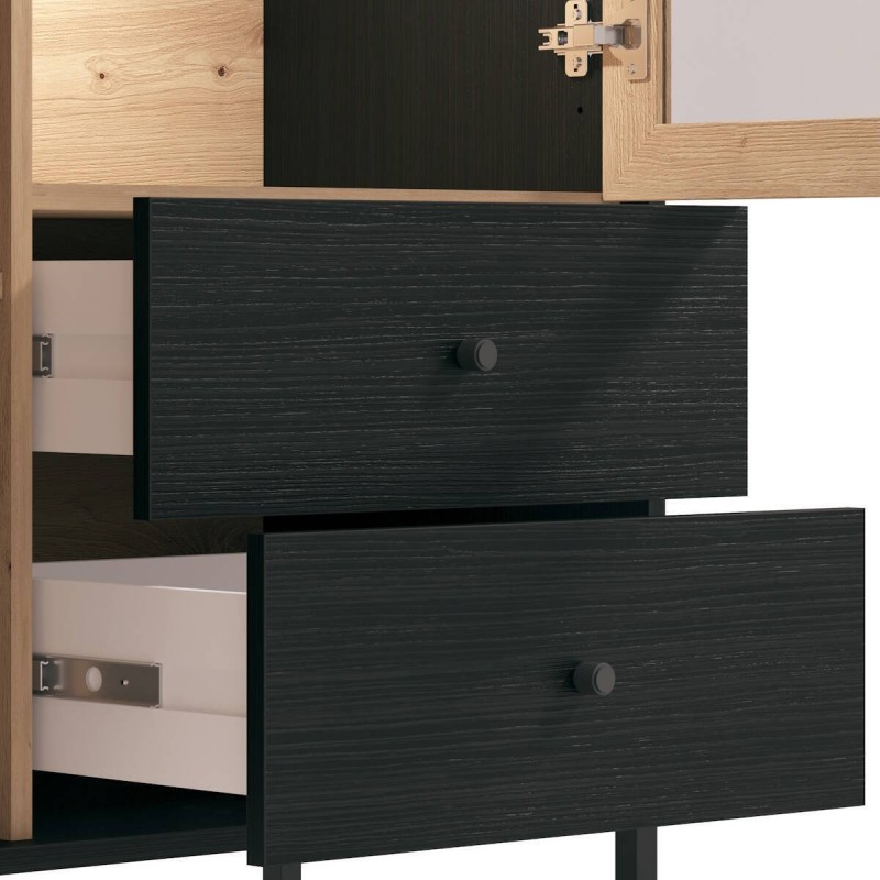 Vitrina Alta en Roble Artisan y Negro con Puerta Estrecha, Puerta Acristalada y 2 Cajones - Medidas 86,5x40x195 cm