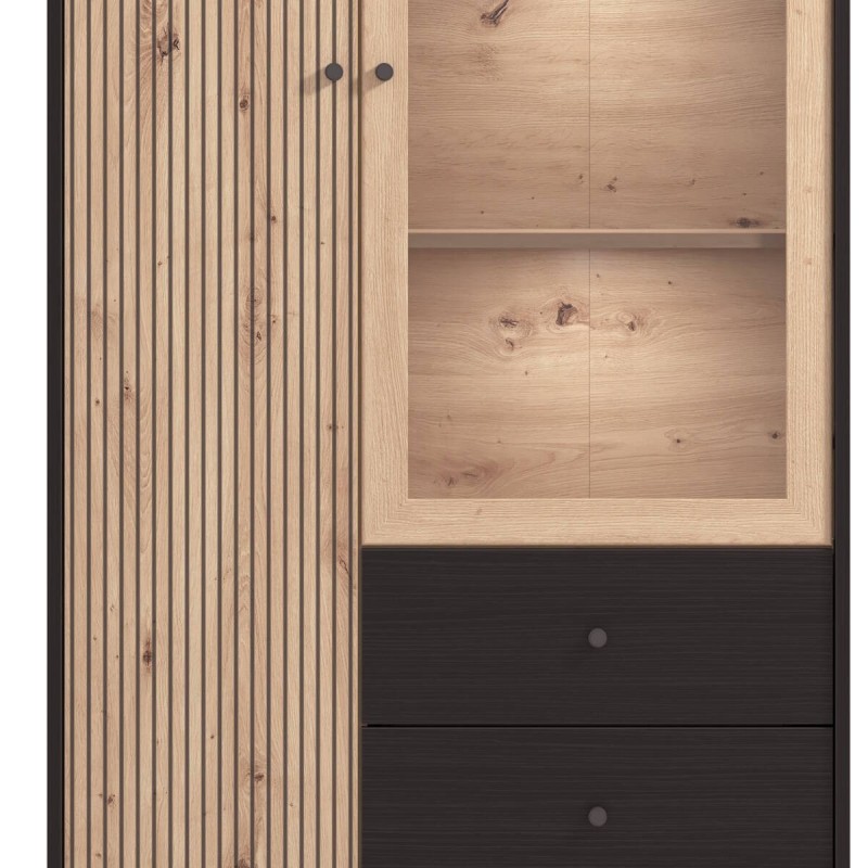 Vitrina Alta en Roble Artisan y Negro con Puerta Estrecha, Puerta Acristalada y 2 Cajones - Medidas 86,5x40x195 cm