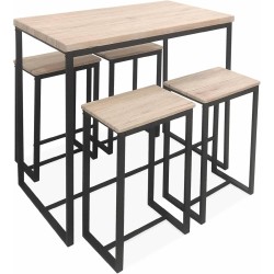 Conjunto de Mesa y 4 Taburetes con Estructura Metálica, Tapa y Asientos en MDF Roble - Mesa 100x60x86 cm, Taburete 43x30x60 cm