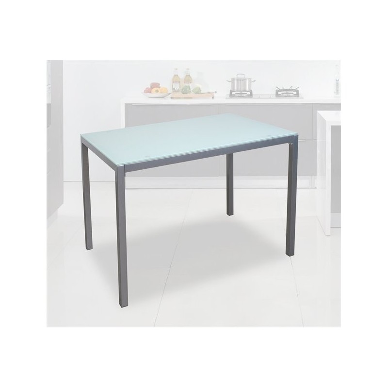 Mesa Fija para Cocina con Estructura de Acero Pintado Color Aluminio y Tapa de Cristal Templado Blanco - Medidas 110x70x75 cm
