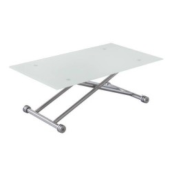 Mesa de Centro Elevable, Cristal de 8 mm y Estructura con Ruedas - Tapa Color Blanco, Mueble Moderno - Medidas 120x70x40-75 cm