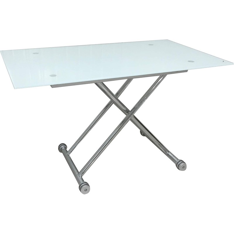 Mesa de Centro Elevable, Cristal de 8 mm y Estructura con Ruedas - Tapa Color Blanco, Mueble Moderno - Medidas 120x70x40-75 cm