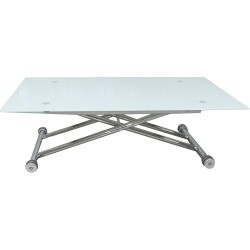 Mesa de Centro Elevable, Cristal de 8 mm y Estructura con Ruedas - Tapa Color Blanco, Mueble Moderno - Medidas 120x70x40-75 cm