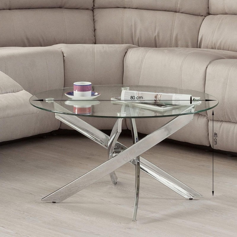 Mesa de Centro Redonda con Tapa de Cristal 8 mm y Patas Metálicas Cruzadas en Acabado Cromo - Mueble Moderno - Medidas 80x40 cm