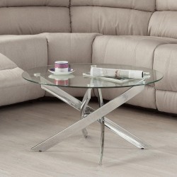 Mesa de Centro Redonda con Tapa de Cristal 8 mm y Patas Metálicas Cruzadas en Acabado Cromo - Mueble Moderno - Medidas 80x40 cm