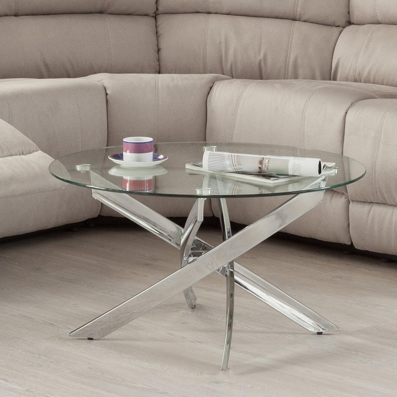 Mesa de Centro Redonda con Tapa de Cristal 8 mm y Patas Metálicas Cruzadas en Acabado Cromo - Mueble Moderno - Medidas 80x40 cm