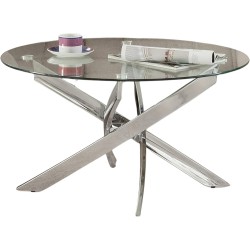 Mesa de Centro Redonda con Tapa de Cristal 8 mm y Patas Metálicas Cruzadas en Acabado Cromo - Mueble Moderno - Medidas 80x40 cm