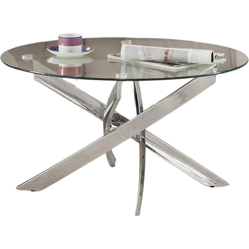 Mesa de Centro Redonda con Tapa de Cristal 8 mm y Patas Metálicas Cruzadas en Acabado Cromo - Mueble Moderno - Medidas 80x40 cm