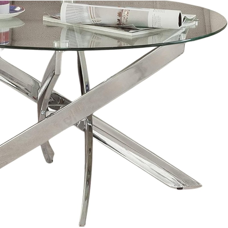 Mesa de Centro Redonda con Tapa de Cristal 8 mm y Patas Metálicas Cruzadas en Acabado Cromo - Mueble Moderno - Medidas 80x40 cm