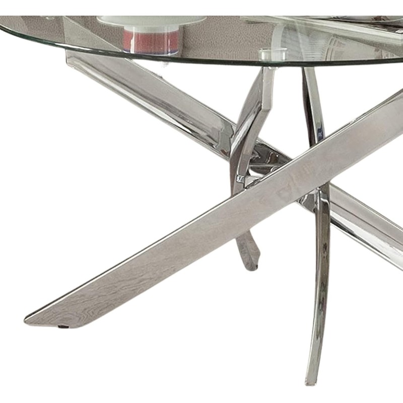 Mesa de Centro Redonda con Tapa de Cristal 8 mm y Patas Metálicas Cruzadas en Acabado Cromo - Mueble Moderno - Medidas 80x40 cm