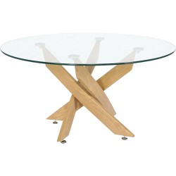 Mesa de Centro Redonda con Tapa de Cristal 8 mm y Patas Metálicas en Acabado Madera - Medidas 80x40 cm