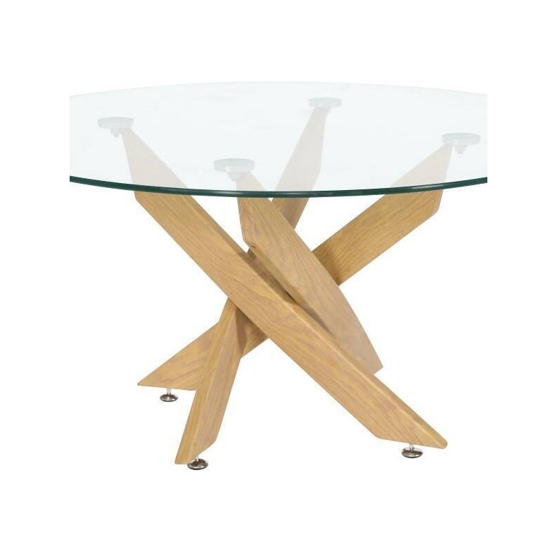 Mesa de Centro Redonda con Tapa de Cristal 8 mm y Patas Metálicas en Acabado Madera - Medidas 80x40 cm