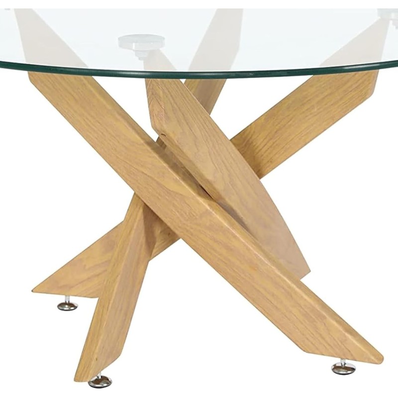 Mesa de Centro Redonda con Tapa de Cristal 8 mm y Patas Metálicas en Acabado Madera - Medidas 80x40 cm