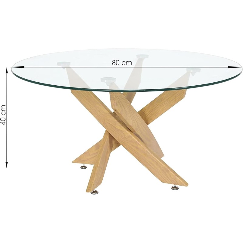 Mesa de Centro Redonda con Tapa de Cristal 8 mm y Patas Metálicas en Acabado Madera - Medidas 80x40 cm