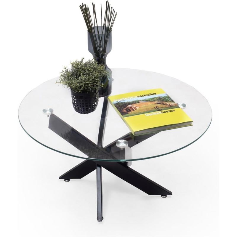 Mesa de Centro Redonda con Tapa de Cristal 8 mm y Patas Metálicas en Acabado Negro -Medidas 80x40 cm