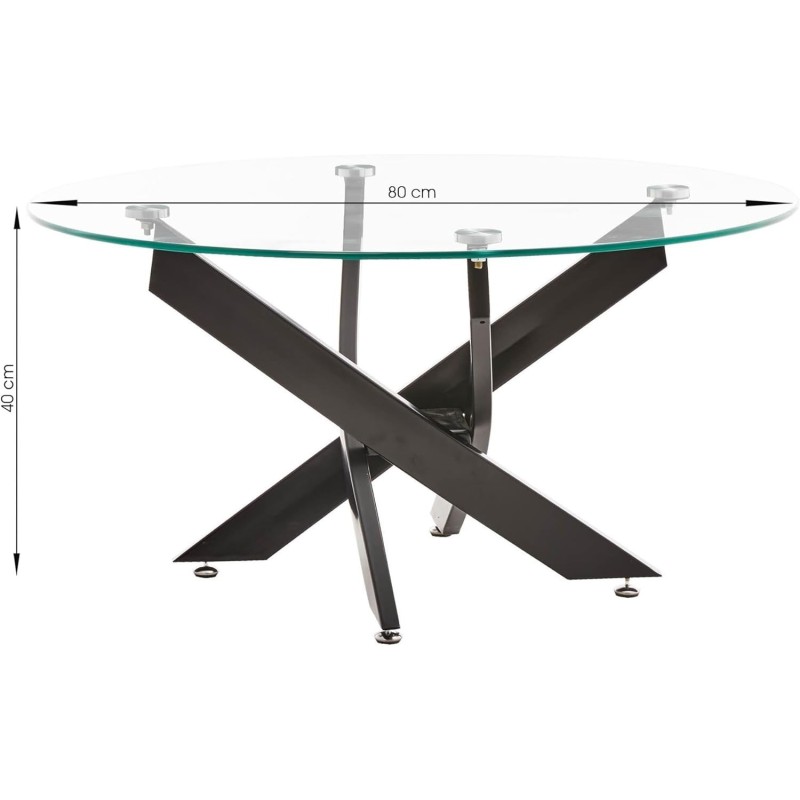 Mesa de Centro Redonda con Tapa de Cristal 8 mm y Patas Metálicas en Acabado Negro -Medidas 80x40 cm