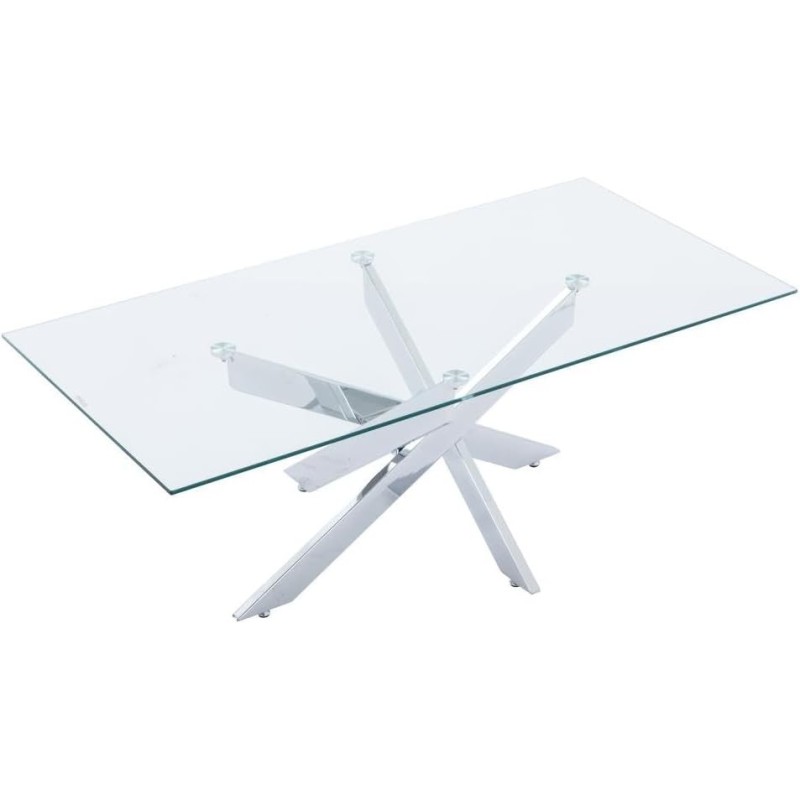 Mesa de Centro con Tapa de Cristal Templado de 8 mm y Patas Metálicas Cruzadas en Acabado Crema -  Medidas 110x55x45 cm